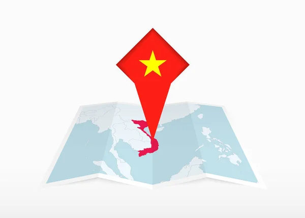 Vietnam Representa Mapa Papel Doblado Marcador Ubicación Con Bandera Vietnam — Vector de stock