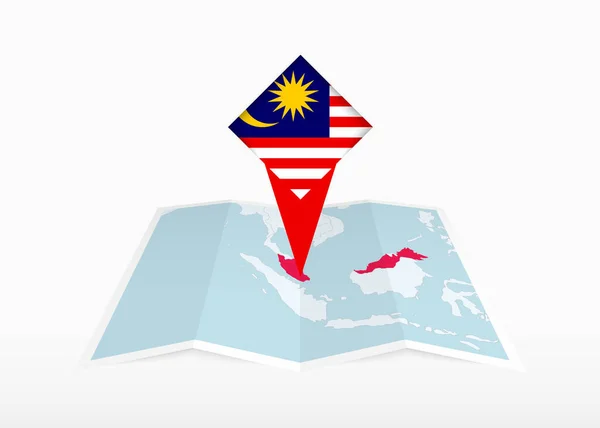 Malasia Representa Mapa Papel Doblado Marcador Ubicación Con Bandera Malasia — Vector de stock