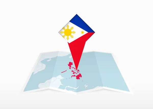 Филиппины Изображены Сложенной Бумажной Карте Маркере Местоположения Флагом Филиппин — стоковый вектор