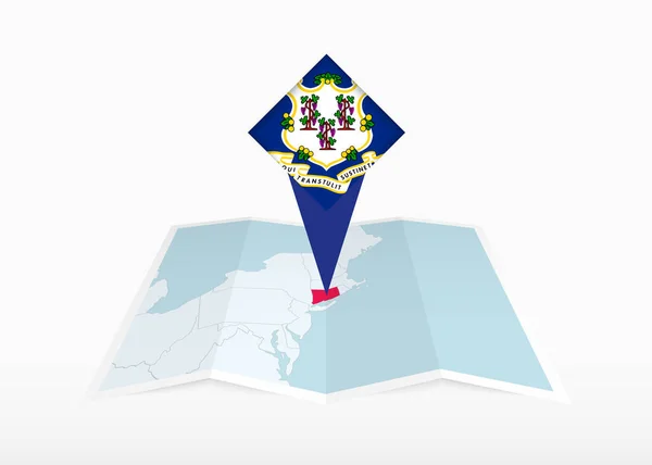 コネチカットは折り畳まれた紙の地図上に描かれ 固定された場所のマーカーとコネチカットの旗 — ストックベクタ