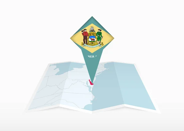 Delaware Representa Mapa Papel Doblado Marcador Ubicación Con Bandera Delaware — Vector de stock