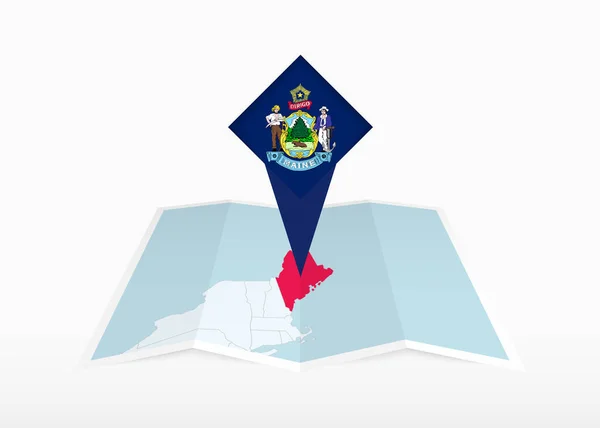 Maine Raffigurato Una Mappa Carta Piegata Segnavia Appuntato Con Bandiera — Vettoriale Stock