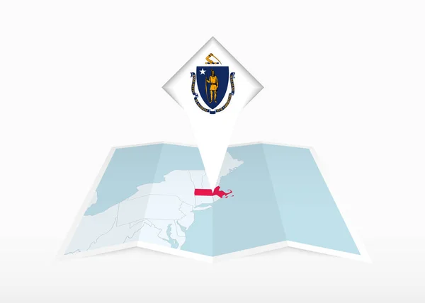 Massachusetts Jest Przedstawiony Złożonej Papierowej Mapie Przypięty Znacznik Lokalizacji Flagą — Wektor stockowy