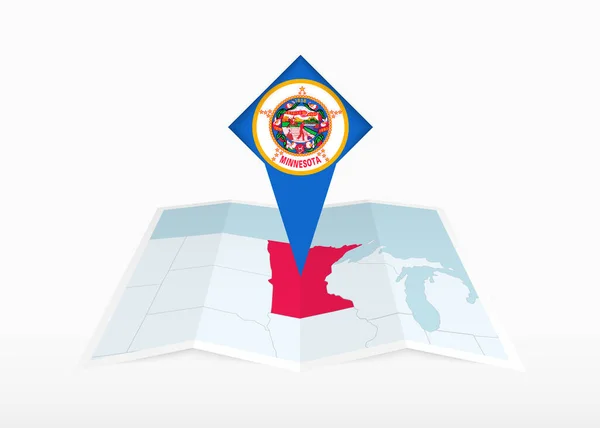 Minnesota Vyobrazena Skládané Papírové Mapě Připíchnuté Značce Lokality Vlajkou Minnesoty — Stockový vektor