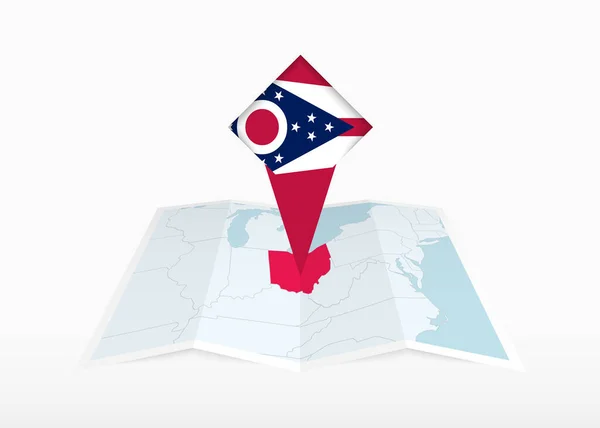 Ohio Katlanmış Bir Kağıt Haritada Ohio Bayrağıyla Işaretlenmiş — Stok Vektör