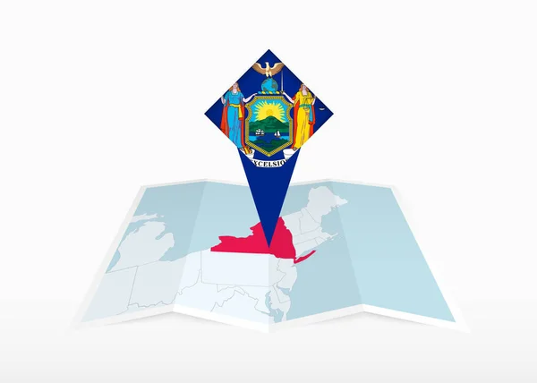 ニューヨークの旗と折り畳まれた紙の地図と固定された場所のマーカーに描かれています — ストックベクタ