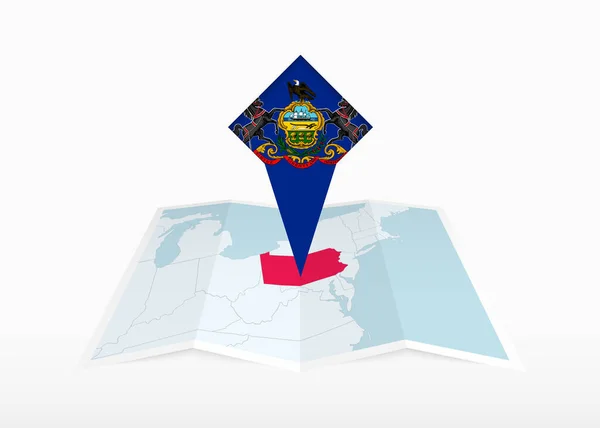 宾夕法尼亚被描绘在一张折叠的纸质地图上 并被钉上了印有宾夕法尼亚国旗的定位标识 — 图库矢量图片