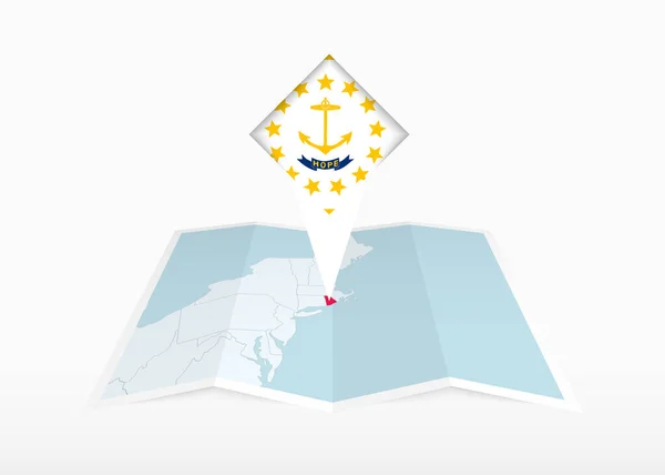 Rhode Island Representa Mapa Papel Doblado Marcador Ubicación Con Bandera — Vector de stock