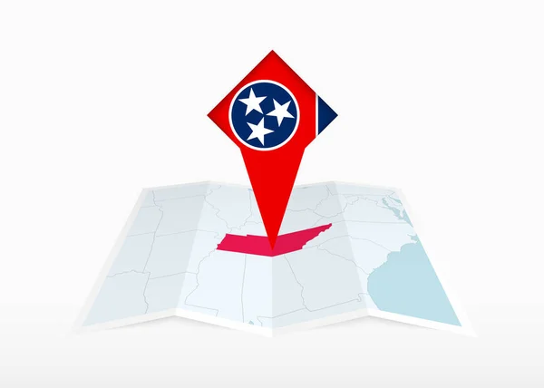 Tennessee Raffigurato Una Mappa Carta Piegata Segnaposto Con Bandiera Del — Vettoriale Stock