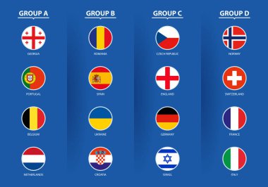 Gruba göre sıralanmış U21 futbol yarışmasının bayrak koleksiyonu. Vektör koleksiyonu.