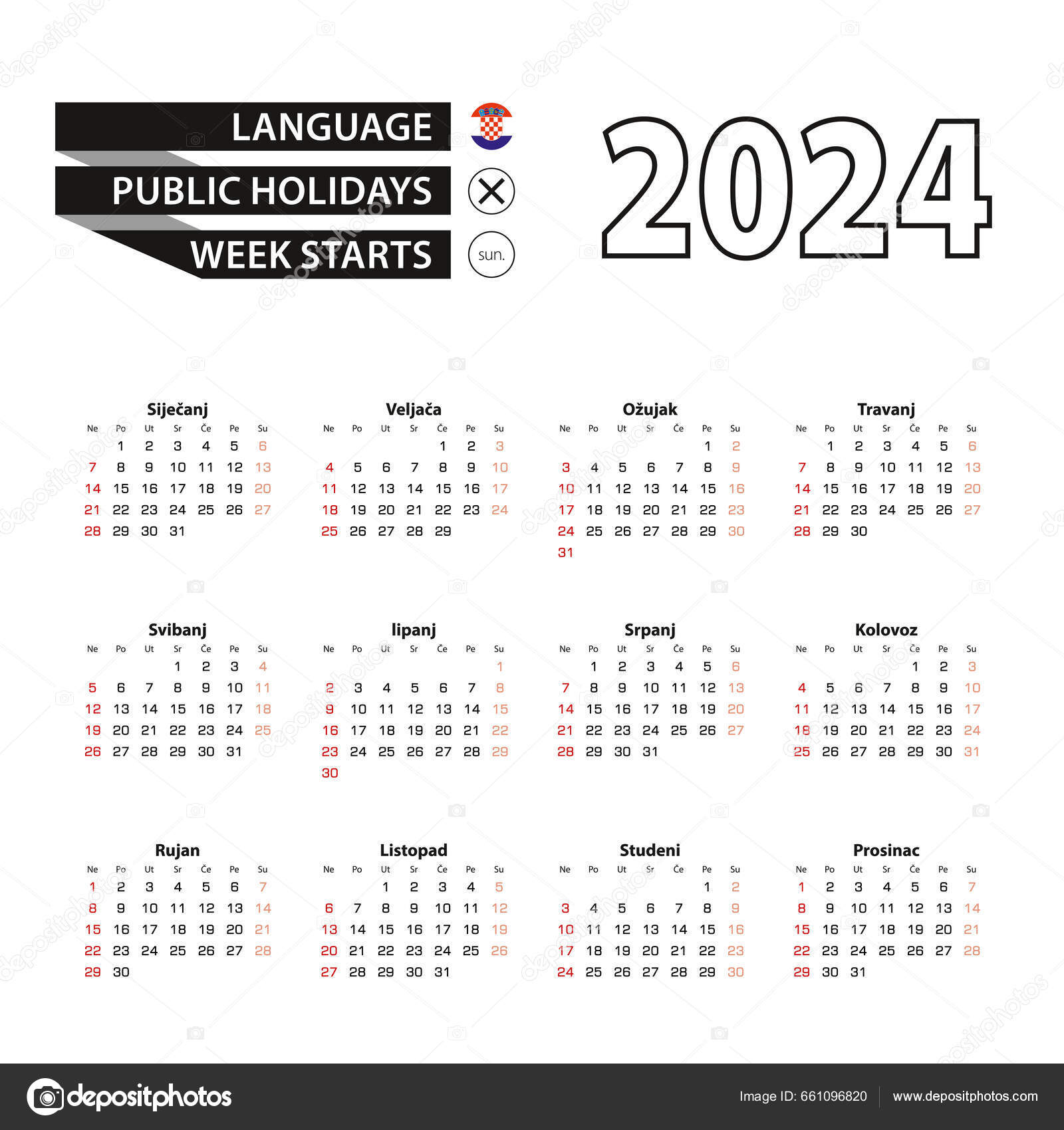 2024年クロアチア語のカレンダー 週は日曜日から始まります — ストックベクター ©boldg 661096820