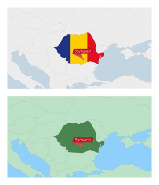 Romanya ülke sermayesi broşlu haritası. Komşu ülkelerle iki tip Romanya haritası.