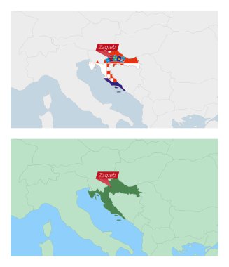 Ülke sermayesi broşlu Hırvatistan haritası. Komşu ülkelerle iki tip Hırvatistan haritası.