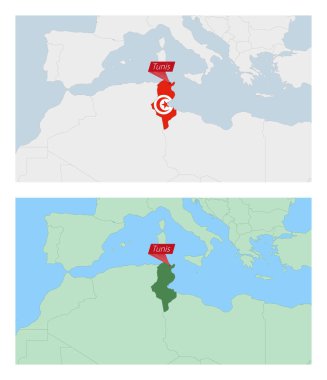 Ülke sermayesi broşlu Tunus haritası. Komşu ülkelerle iki tip Tunus haritası.