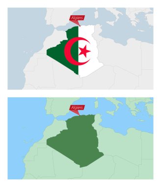 Ülke başkenti broşlu Cezayir haritası. Komşu ülkelerle Cezayir haritasının iki çeşidi.