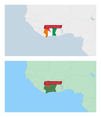 Ülke sermayeli Fildişi Sahil Haritası. Komşu ülkelerle iki tür Fildişi Sahil haritası.