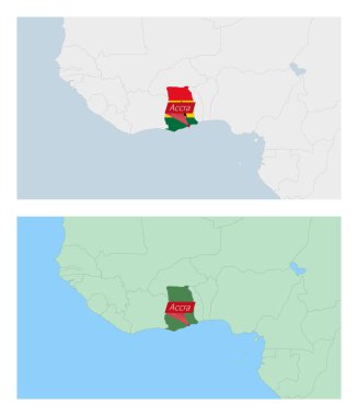 Ülke sermayesi broşlu Gana haritası. Komşu ülkelerle iki tip Gana haritası.