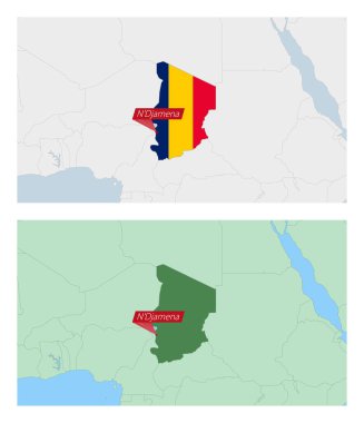 Çad haritası ve ülke başkenti rozeti. Komşu ülkelerle iki tip Çad haritası.