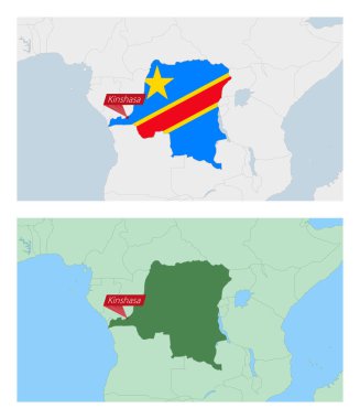 DR Kongo haritası ve ülke başkenti rozeti. Komşu ülkelerle iki tip DR Kongo haritası.