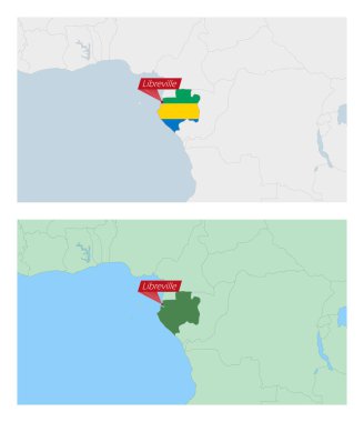 Gabon haritası ülke sermayesi broşlu. Komşu ülkelerle iki tip Gabon haritası.