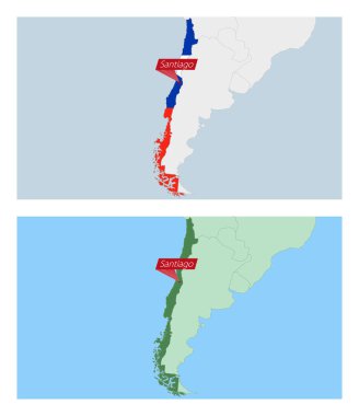 Şili haritası ve ülke başkenti. Komşu ülkelerle iki tip Şili haritası.