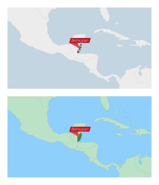 Ülke sermayesinin broşu ile Belize haritası. Komşu ülkelerle iki çeşit Belize haritası.
