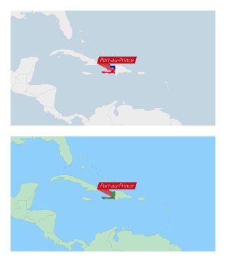 Haiti haritasında ülke başkenti broşu var. Komşu ülkelerle iki tip Haiti haritası.