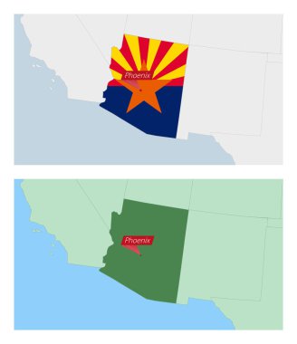 Arizona haritasında ülke başkenti broşu var. Komşu ülkelerle iki tip Arizona haritası.