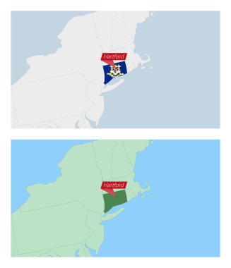 Connecticut haritası ve ülke başkenti rozeti. Komşu ülkelerle iki tip Connecticut haritası.