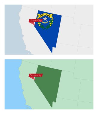 Nevada haritasında ülke başkenti broşu var. Komşu ülkelerle iki tip Nevada haritası.