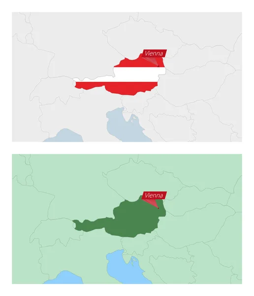 奥地利地图上有国家首都的别针 两种类型的奥地利与邻国的地图 — 图库矢量图片