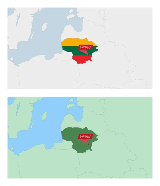 Lituania Mapa Con Pin Capital Del País Dos Tipos Mapa — Vector de stock