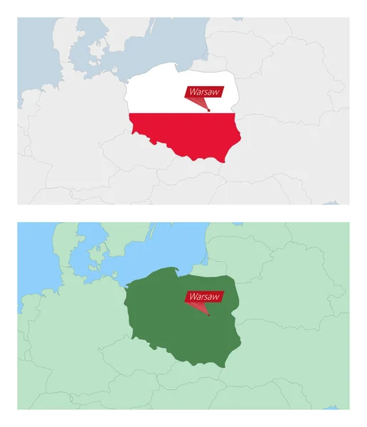 波兰地图上有国家首都的别针 两种类型的波兰与邻国的地图 — 图库矢量图片