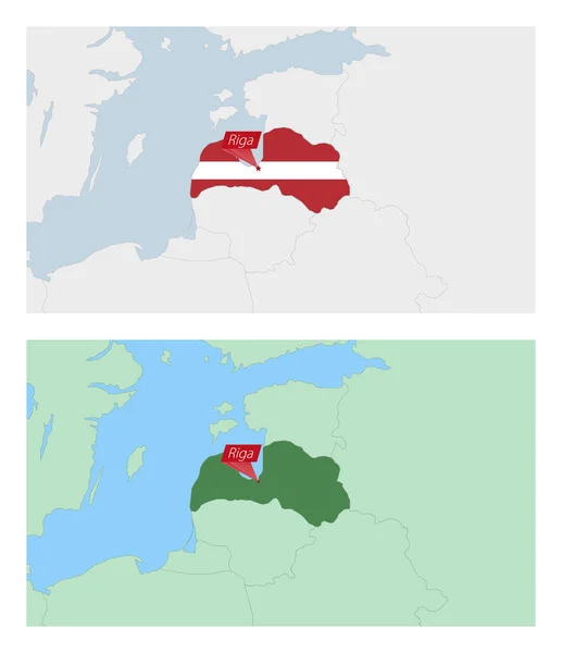 Lotyšsko Mapa Pin Country Capital Dva Typy Lotyšské Mapy Sousedními — Stockový vektor