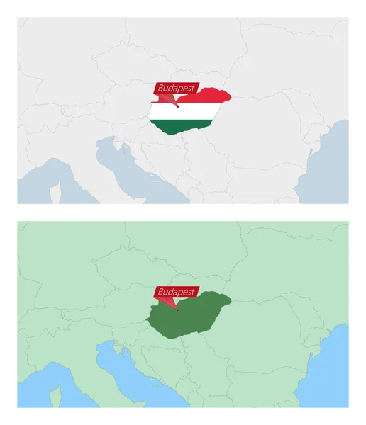 匈牙利地图上有国家首都的别针 匈牙利与邻国的地图有两种类型 — 图库矢量图片