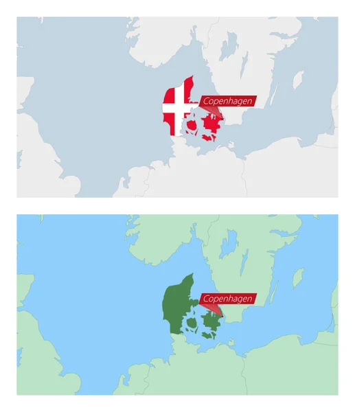 Dinamarca Mapa Con Pin Capital Del País Dos Tipos Mapa — Vector de stock