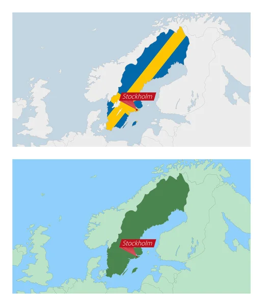 Suécia Mapa Com Pino Capital País Dois Tipos Mapa Suécia — Vetor de Stock