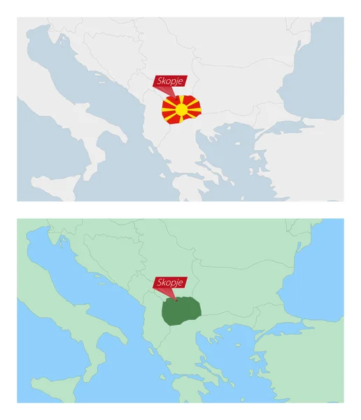 Ülke Sermayesi Broşlu Kuzey Makedonya Haritası Komşu Ülkelerle Iki Tip — Stok Vektör