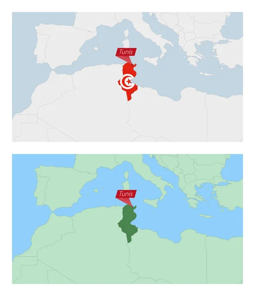 Tunisko Mapa Pin Country Capital Dva Typy Tuniské Mapy Sousedními — Stockový vektor