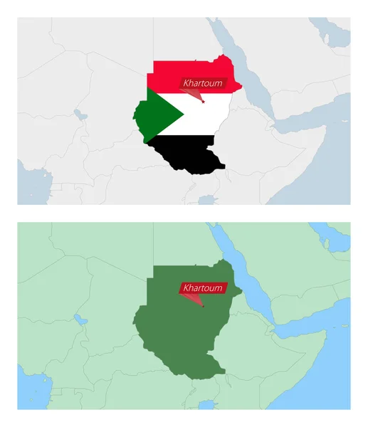 Mapa Sudanu Sworzniem Stolicy Kraju Dwa Rodzaje Map Sudanu Sąsiednimi — Wektor stockowy