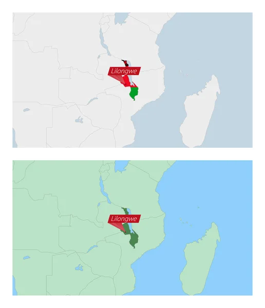国の首都のピンでマラウイ地図 隣接国との2種類のマラウィ地図 — ストックベクタ