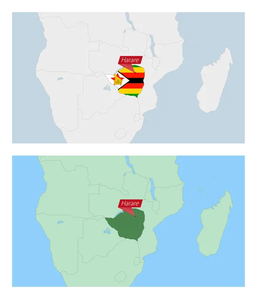 Mapa Zimbábue Com Pino Capital País Dois Tipos Mapa Zimbábue —  Vetores de Stock