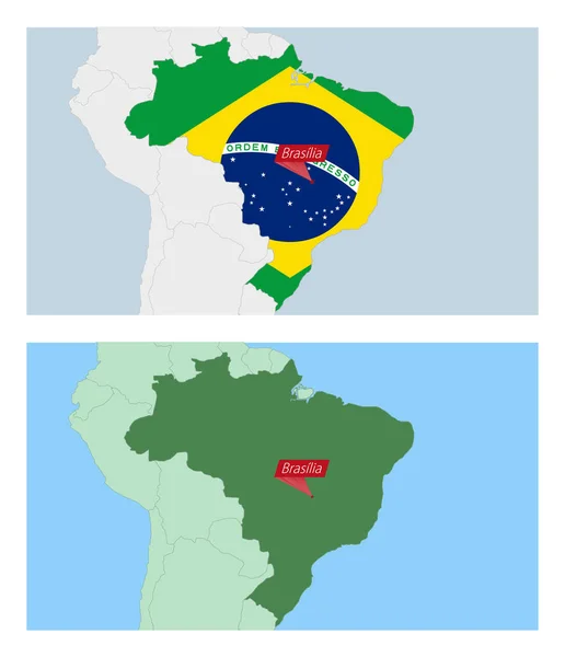 国の首都のピンでブラジル地図 ブラジル周辺国との2種類の地図 — ストックベクタ