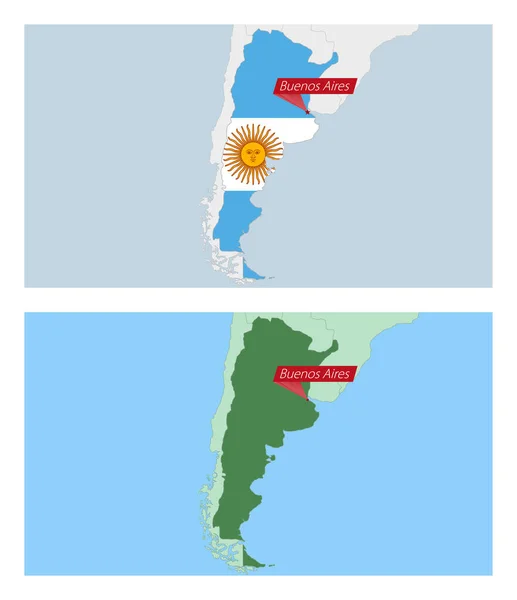 国の首都のピンでアルゼンチンの地図 近隣諸国との2種類のアルゼンチン地図 — ストックベクタ