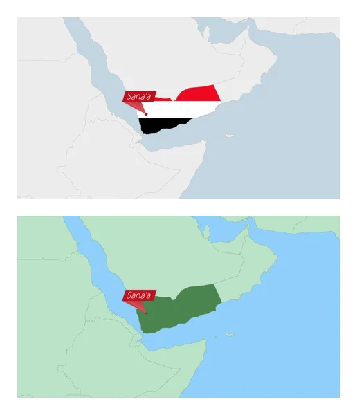 Yemen Mapa Con Pin Capital Del País Dos Tipos Mapa — Archivo Imágenes Vectoriales
