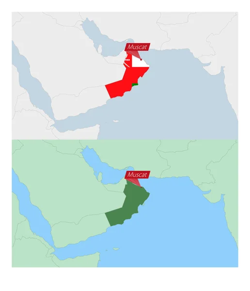 Omán Mapa Con Pin Capital Del País Dos Tipos Mapa — Archivo Imágenes Vectoriales