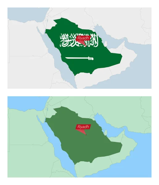 Arabia Saudita Mapa Con Pin Capital Del País Dos Tipos — Archivo Imágenes Vectoriales