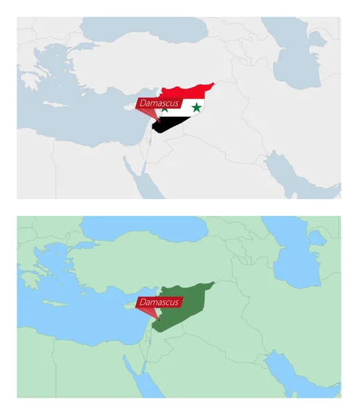 Syrská Mapa Odznakem Hlavního Města Země Dva Typy Syrské Mapy — Stockový vektor