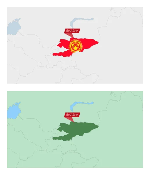 キルギスタンの首都のピンで地図 隣国との2種類のキルギスタン地図 — ストックベクタ