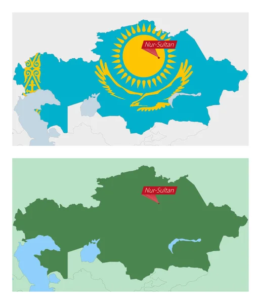 カザフスタンの首都のピンで地図 カザフスタン周辺国との2種類の地図 — ストックベクタ